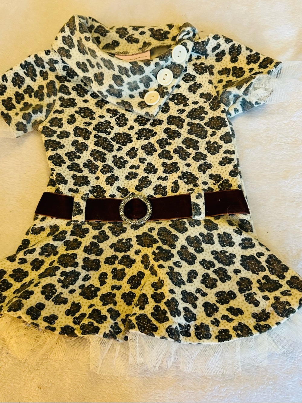 Little Lass Cream and Black Leopard Print Tulle Hem Dress with Velvet Belt